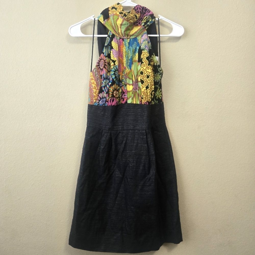 TRINA TURK Ibis Silk Scarf Halter Sheath Dress Black Vibrant‎ Multicolor Size 2
